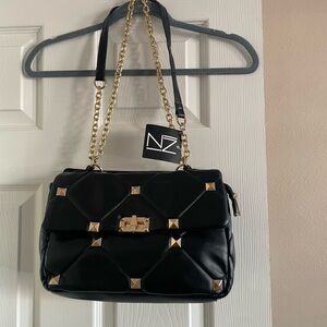 Black Quilted Handbag with Gold Accents